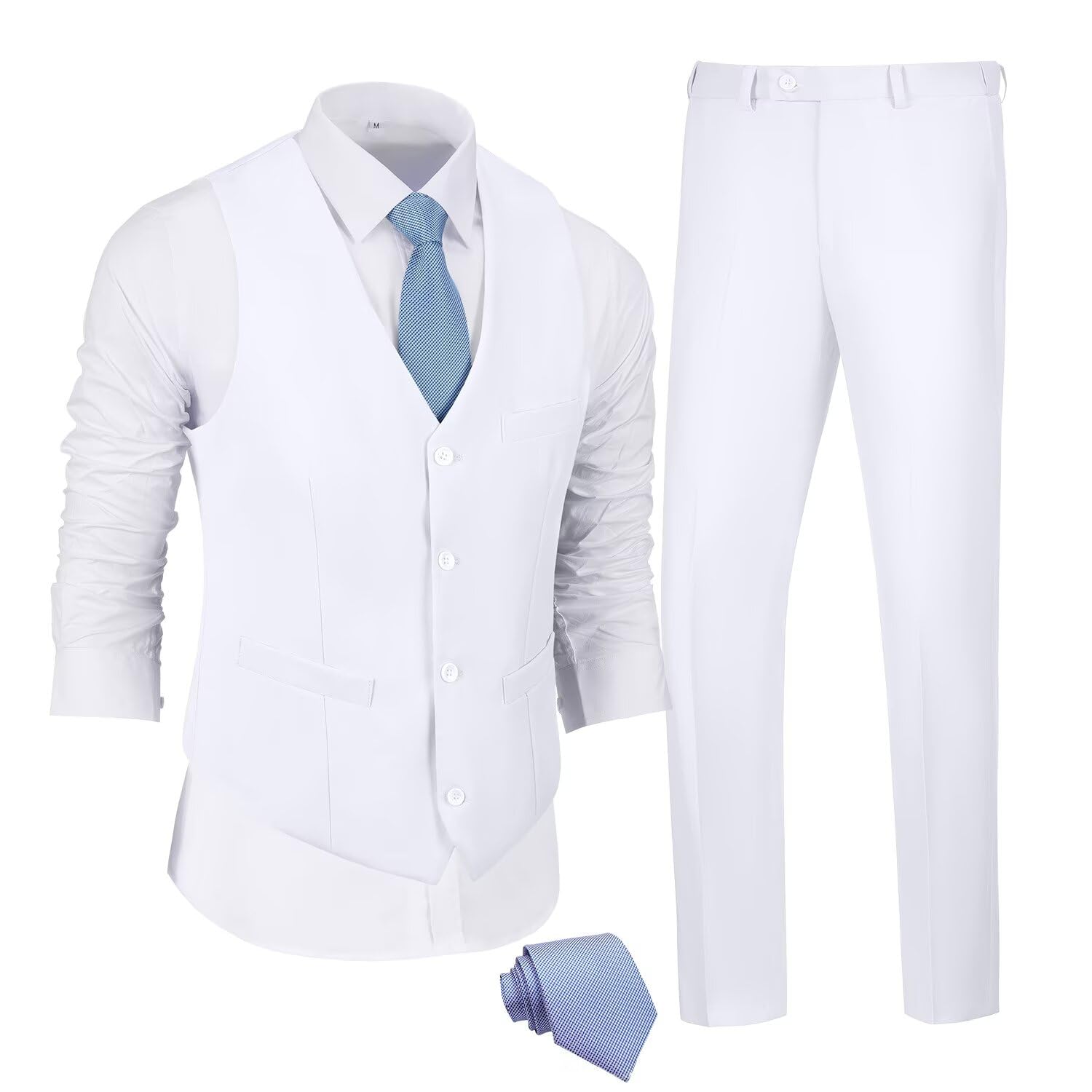 JPF Men's 2 Piece Slim Fit Suit Set, Solid Vest and Pants Suit for Men with Tie