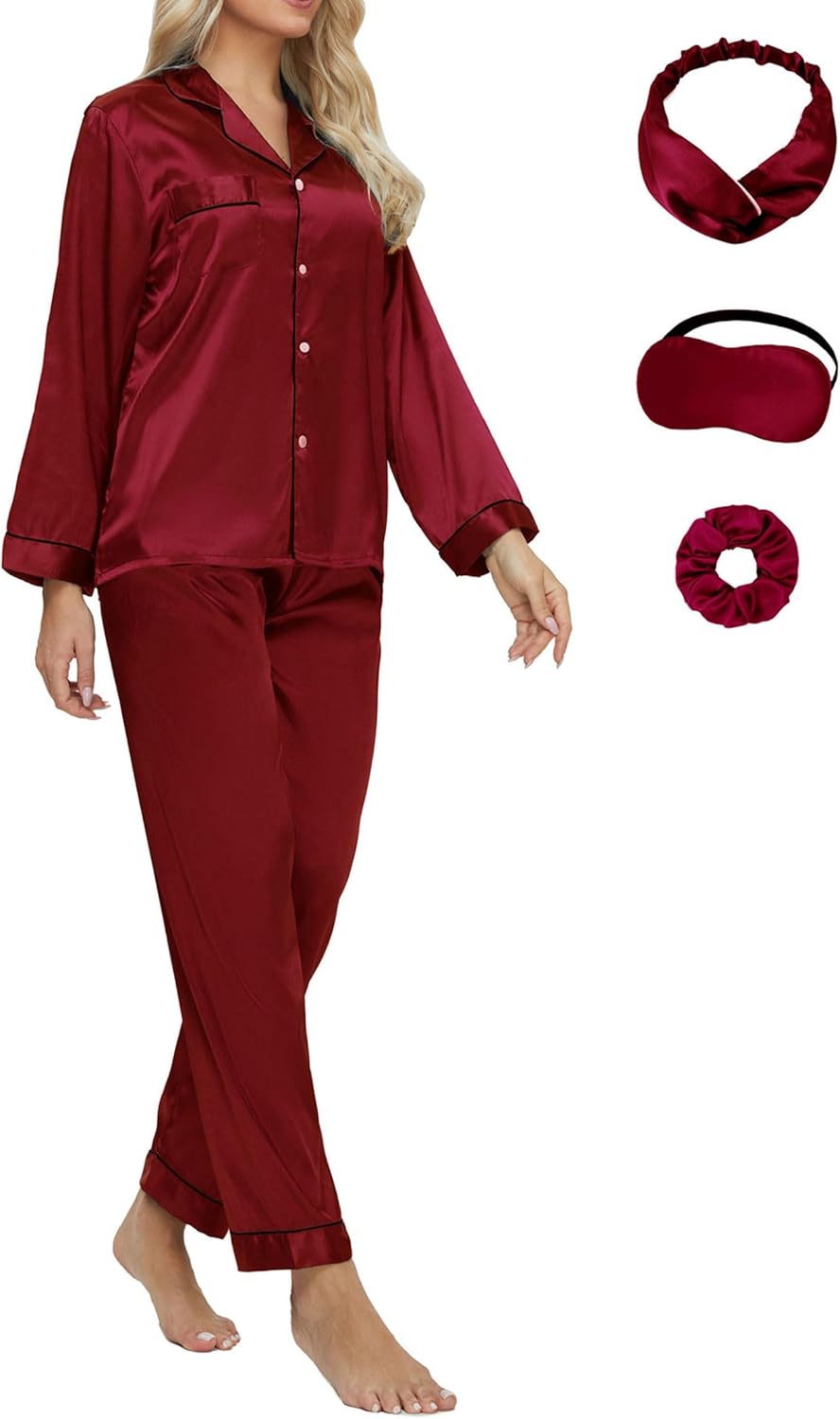 DOLOS Silk Satin Pajama Set for Women Short/Long Sleeve 2-Piece Silky Pajamas for Women Button Down Pjs Sleepwear Loungewear