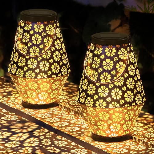 BBLTIFF 2 Piezas Farolillos Solares Exterior, Luces Solares LED Exterior, Linterna Solar Exterior Jardín, Jardin Lampara Vintage Decoracion Para Patio Terraza Césped Camping Halloween, Blanco Cálido