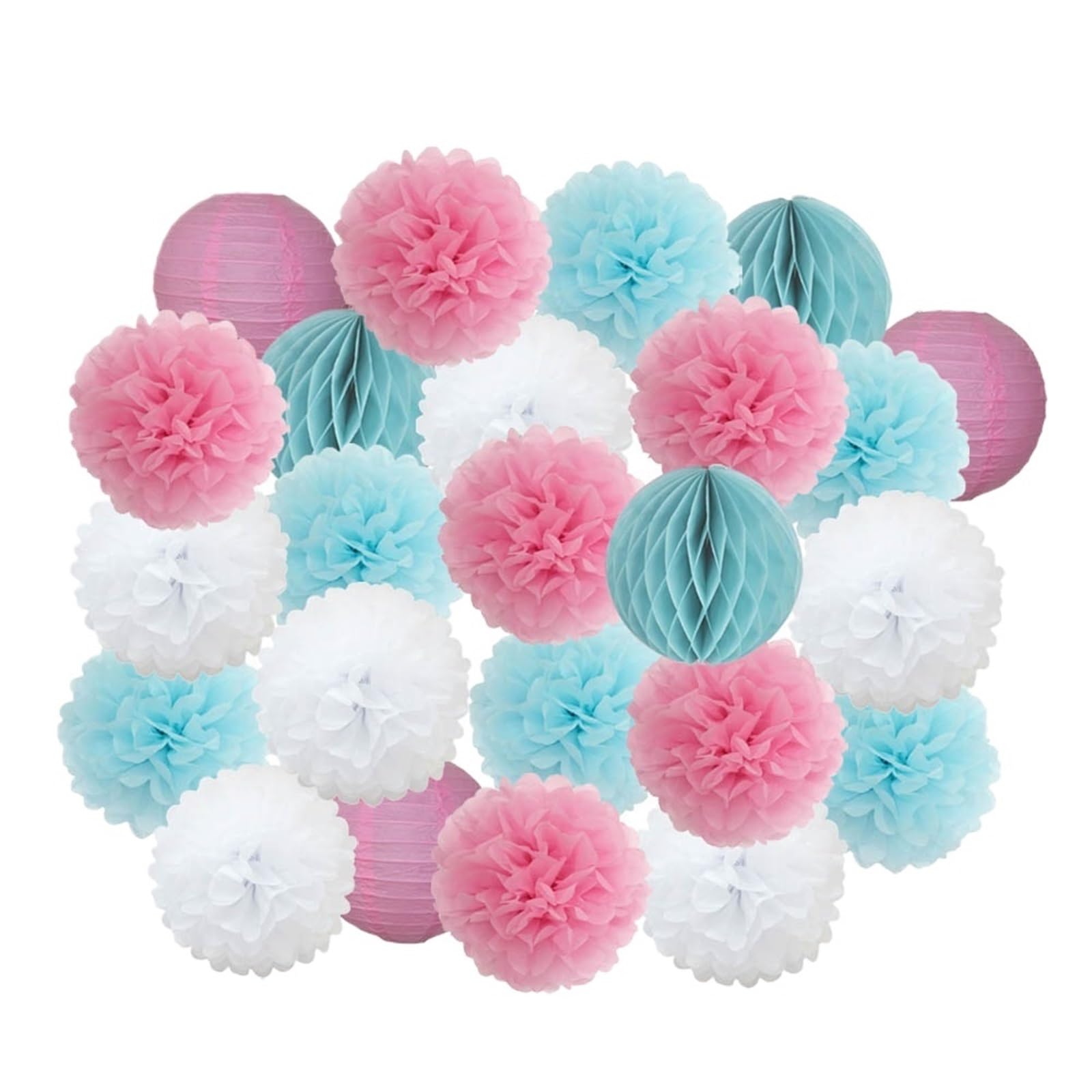 Paper Pompom 24pcs Party Favor Hanging Paper Pompom Boy Girl Birthday Dark Blue Wedding Events Decoration White Lanterns for Party(Pink Blue,Small-8inch)