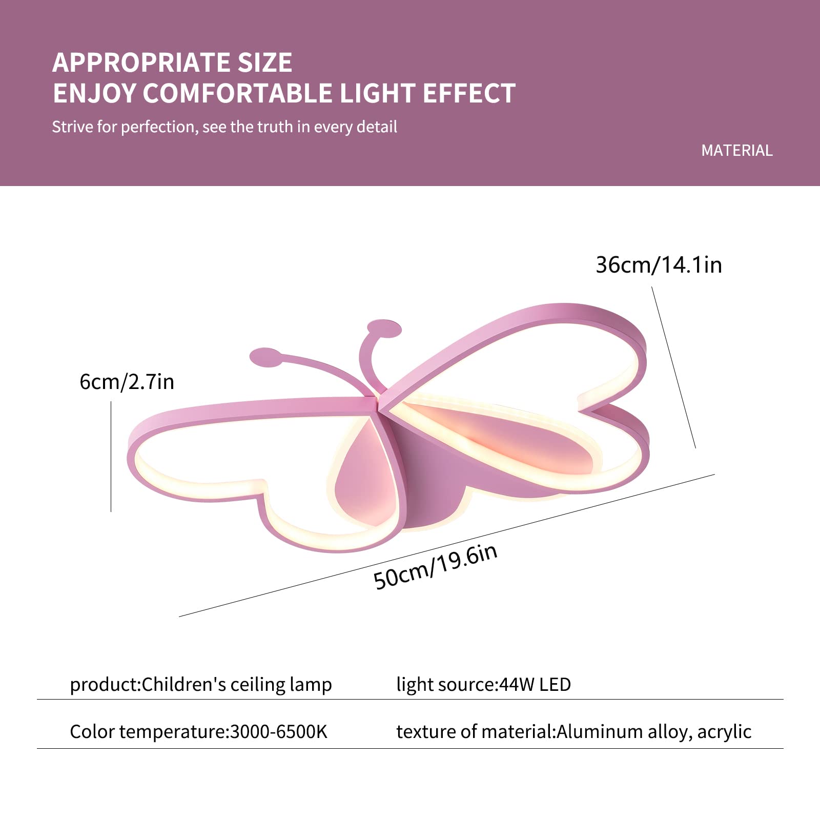 Plafoniera Cameretta Bambini, 50cm Lampada da soffitto creativo farfalla Lampadario, 3000K-6000K Dimmerabile Plafoniera Alla Moda per Bambina Camera da Letto e Soggiorno dei Bambini (Dimmable)