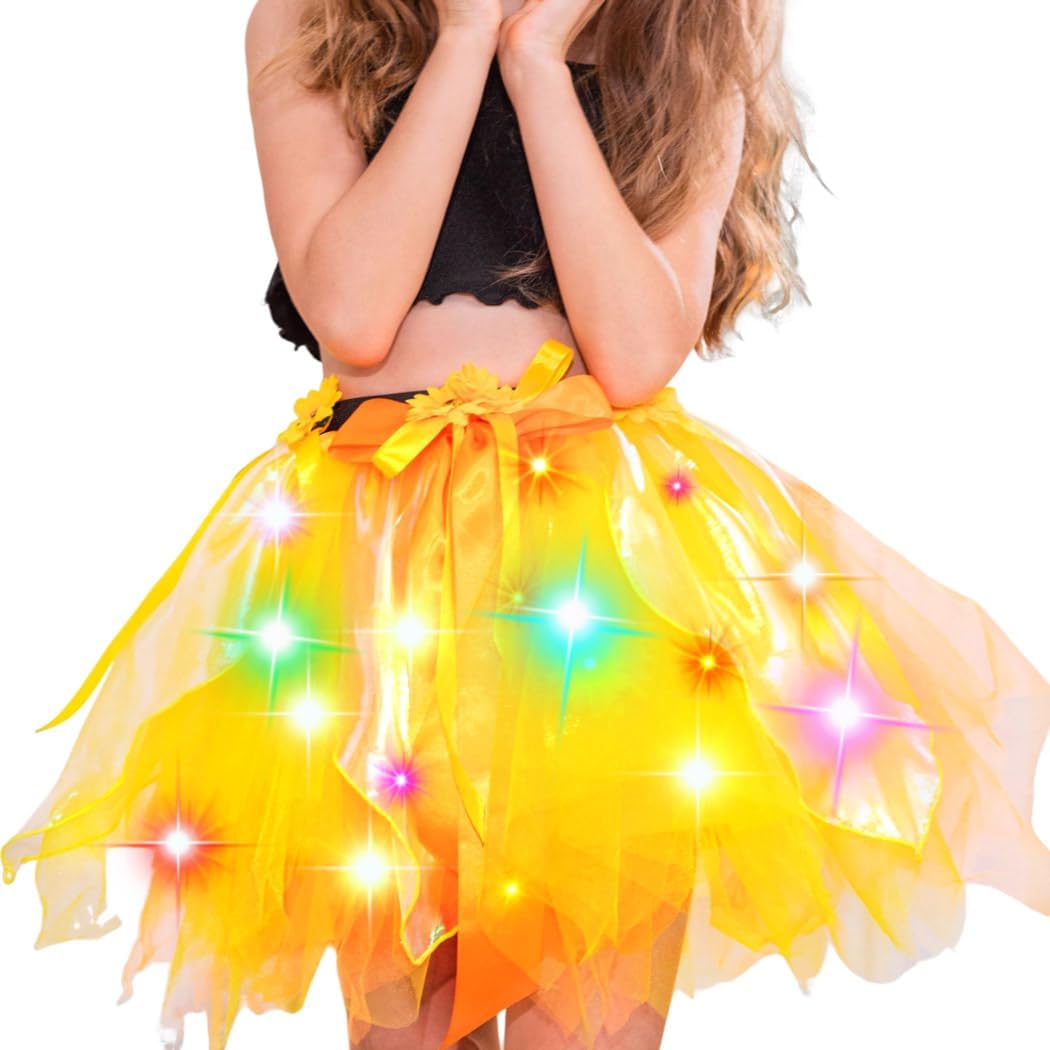 REETAN Light up Fairy Tutu Skirt Sparkly Orange Flower Layered Tutus Festival Ballet for Dance Costume (US, Alpha, One Size, Regular, Orange)