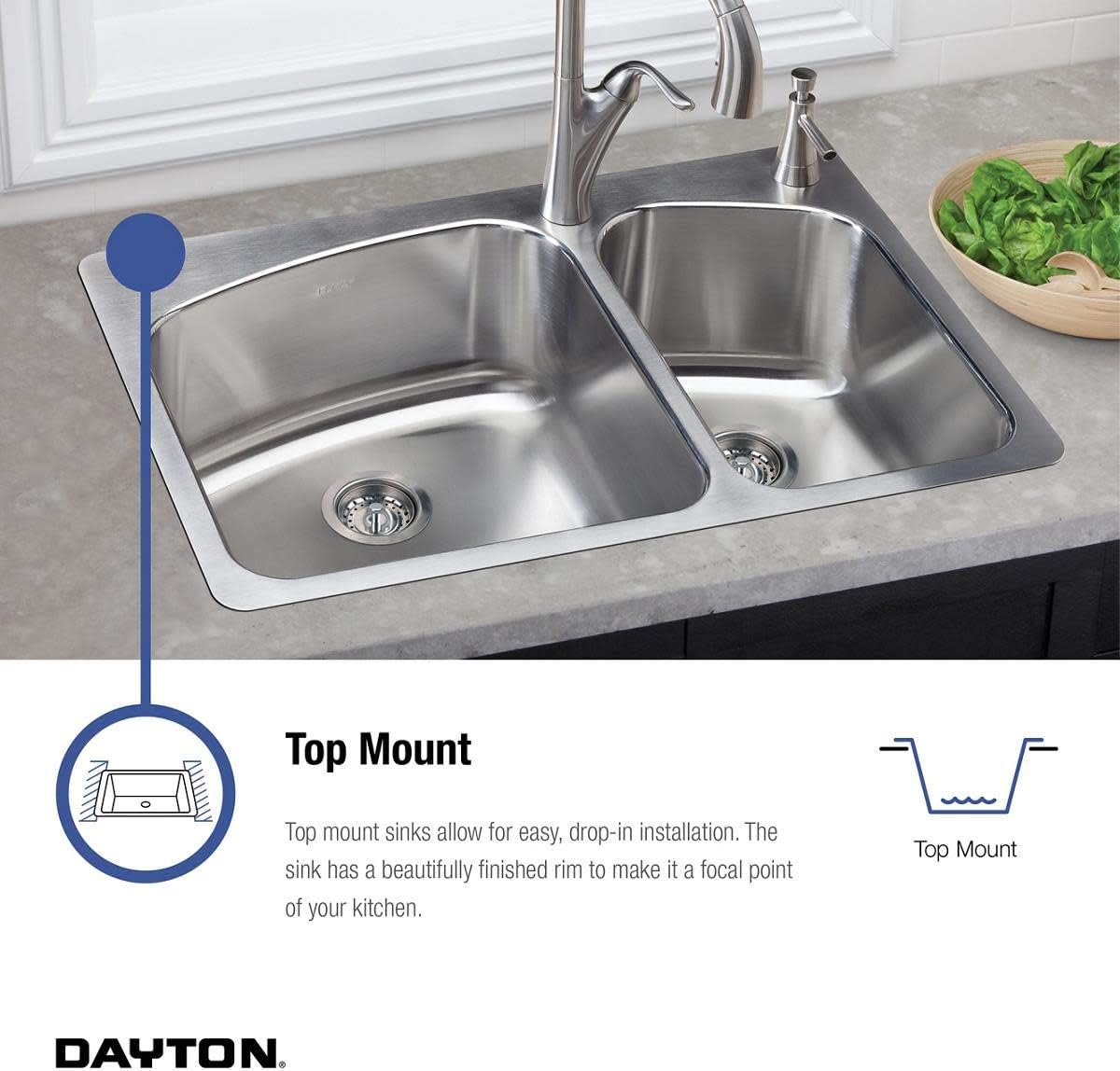Elkay DDW10233224 22 Gauge Stainless Steel Double Bowl Top Mount Kitchen Sink, 33 x 22 x 7.0625"