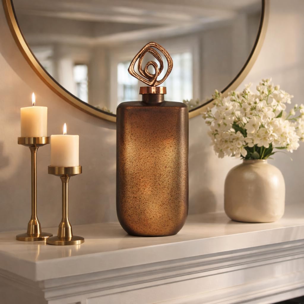 Sculptural Glass Vase with Topper for Living Room Decor - Warm Home Decor Accents with Bottle Form - Decorative Flower Vase for Room, Bedroom, Office, and Table Centerpiece - 17", Bronze & Copper