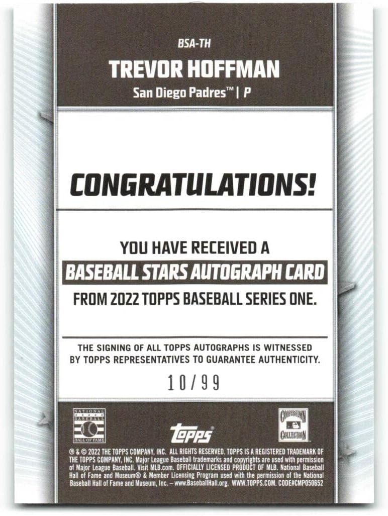 2022 Topps Baseball Stars Autographs Black #BSA-TH Trevor Hoffman NM-MT Auto 10/99 San Diego Padres