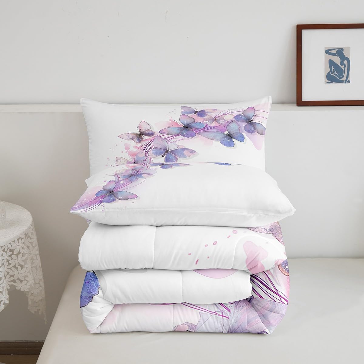 Homewish Watercolor Butterfly Comforter Set Queen Size Butterflies Bedding Set for Kids Boys Girls Bedroom Decoration Purple and Pink Bed Duvet Insert Spring Comforter with 2 Pillowcase