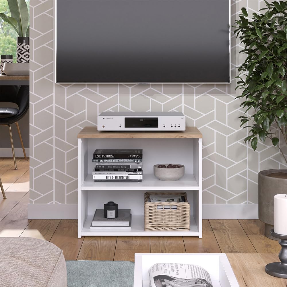 Vicco Lowboard Wido, Weiß/Sonoma, 60 x 50 cm mit 2 Fächern, geeignet als TV-Untergestell mit Kabeldurchführung