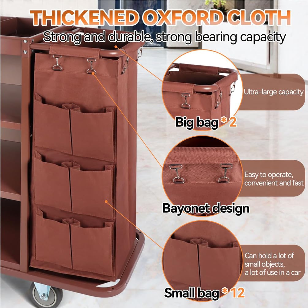 Carrito de hotel para limpieza de limpieza, carrito multifuncional con ruedas y bolsa de almacenamiento para uso comercial, perfecto para transporte de ropa y suministros