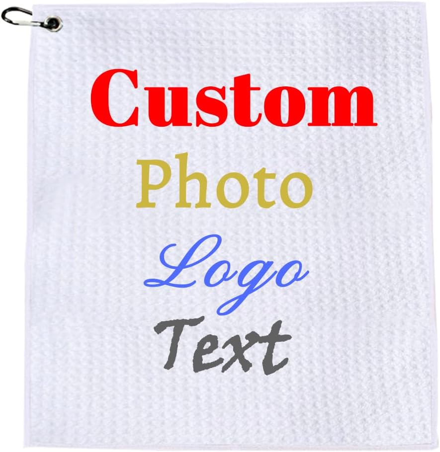 Personalized Logo Golf Towels,Custom Photo Picture Text Monogram Name Microfiber Gym Towel with Clip 12"x12" Small,Customized Women Men Golf Accessories Birthday Gifts for Kids Golf Fans Lover