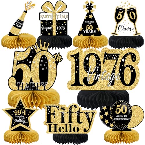 Image of 9 Pcs 50th Birthday Decorations Honeycomb Centerpieces for Women Men, Black Gold 1976 Aged to Perfection Vintage Centerpieces for Tables Toppers,Fifty Years Party Decorations Supplies