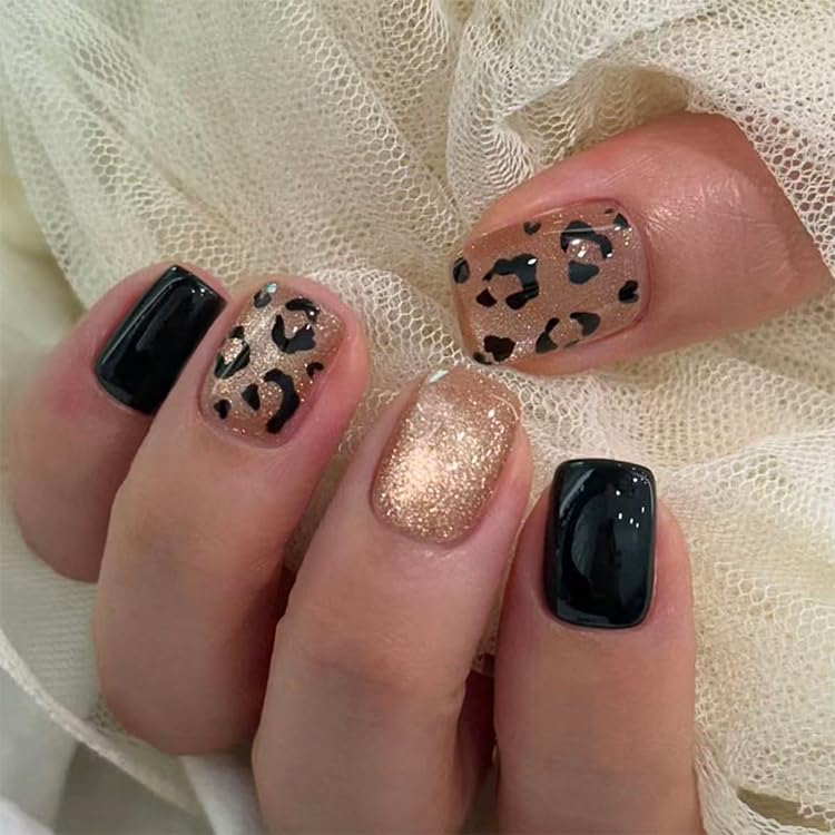 Leopard Print Fall Press on Nails Short Square Cat Eye Fake Nails with Glitter Golden Designs Full Cover Gold False Nail Glossy Acrylic Stick on Nails for Women DIY Manicure Decoration 24Pcs