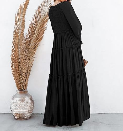 Miniatura 4 de R.Vivimos Vestido largo para mujer, de manga larga, cuello en V, cintura imperio, con volantes, estilo bohemio, casual, fluido