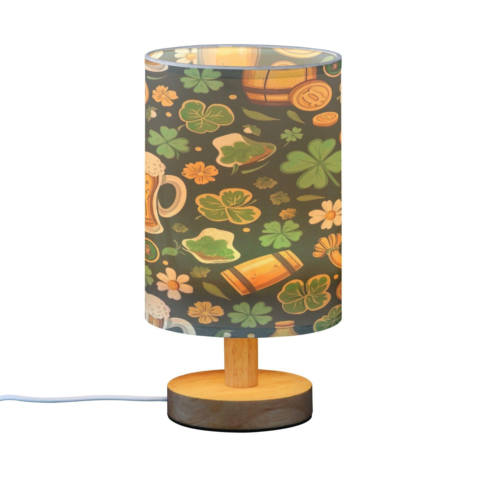 SDMKA Shamrocks Pattern Bedside Table Lamp for Bedroom, Minimalist Nightstand Lamp with Round Fabric Shade for Living Room, Office, No Bulb Required