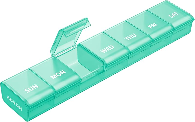 Weekly Pill Organizer with Effortless Opening Design, BPA-Free | Arthritis Friendly Pill Box, Cute Pill Organizer 7 Day, Portable Pill Case for Vitamins, Supplements and Medications, Cyan