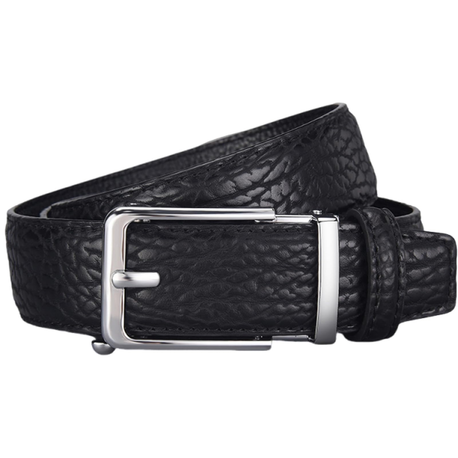 AGUTALITHIC Stitched PU-Leather Ratchet Belt with Hollow Adjustable Automatic Buckle, Carved Crocodile Pattern Embossed Strap(130cm/51, Black-Silver)