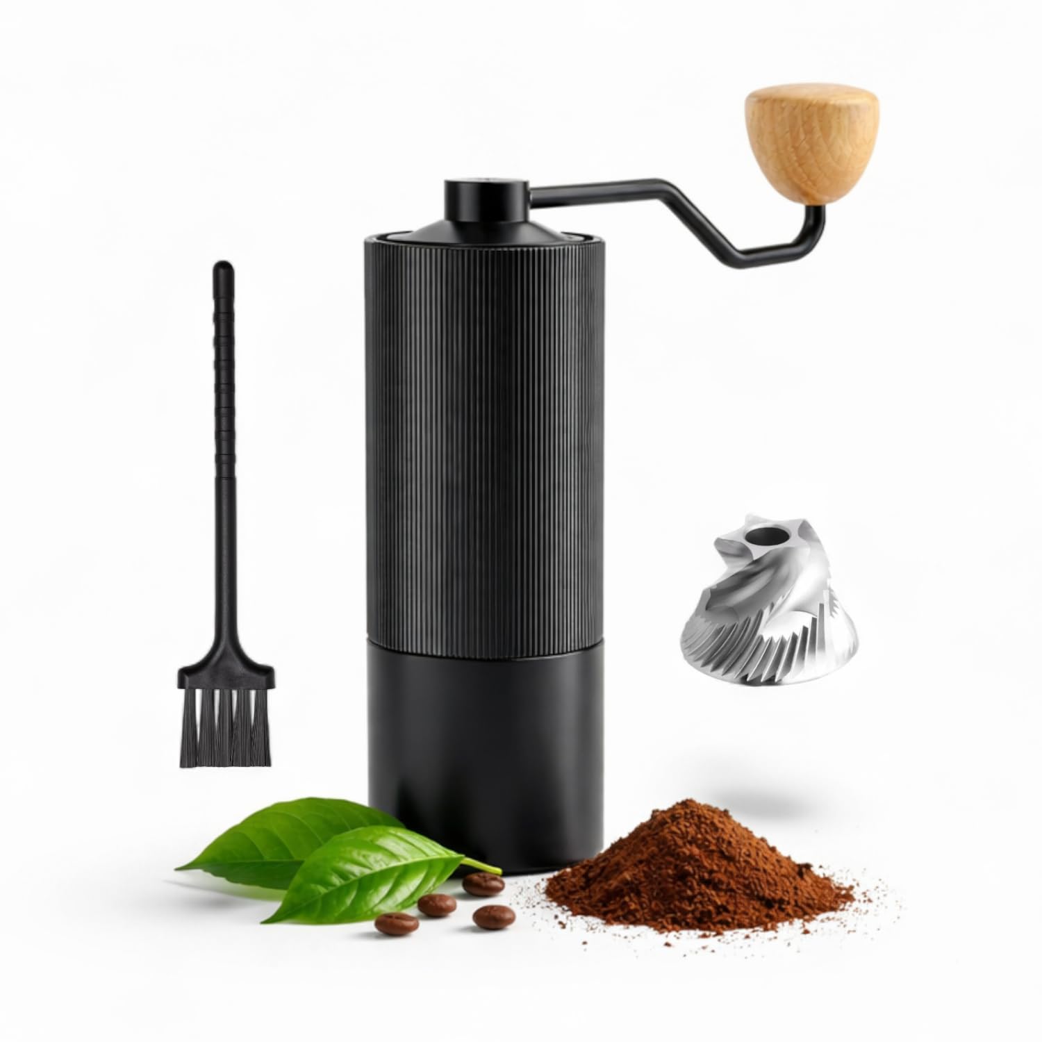 Premium Manual Coffee Grinder with 5-Axis CNC Stainless Steel Burr, Aluminum Body & Wooden Handle (1 Year Warranty)