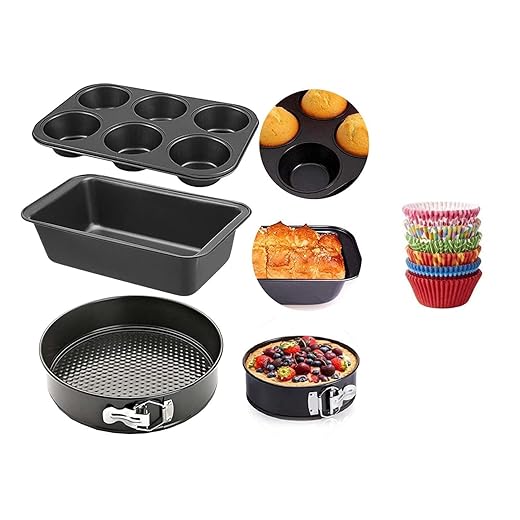 Xacton Cake Making Set – 4 in 1 Combo of Round Shape Cake Mould, Bread Loaf Pan, 6 Slot Muffin Tray, & 100 Pcs Paper Cake Cup Liners I Cake Baking and Decoration Tools I Microwave or Oven Safe – Black