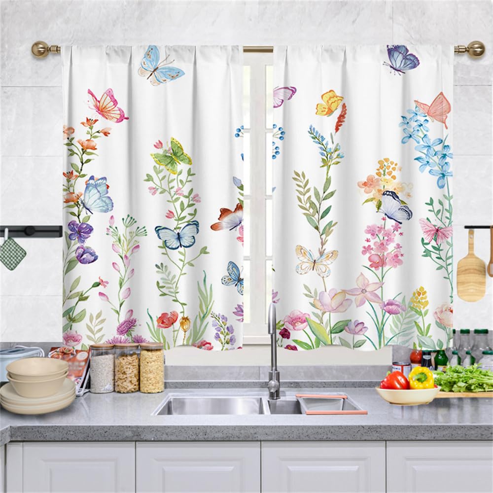 Highdi 2 Panels Kitchen Curtains for Small Windows, Short Cafe Curtains for Kitchen with Rod Pocket Decor for Bathroom Cupboard Rustic Farmhouse (Colorful butterflies,107 * 160cm)