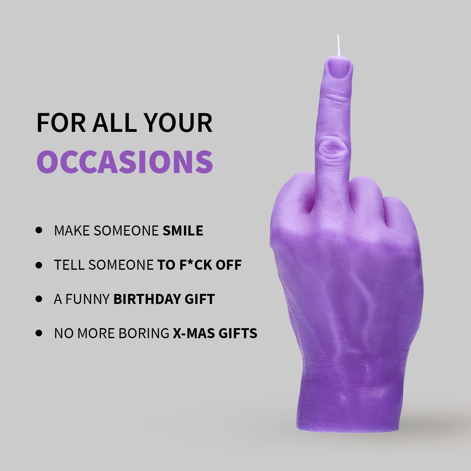 Candela per gesti delle mani F*CK YOU - Dito medio - Grande mano reale Dimensioni 22 x 9 x 8 cm - Compleanno insolito, ufficio, regalo di inaugurazione della casa (Viola)
