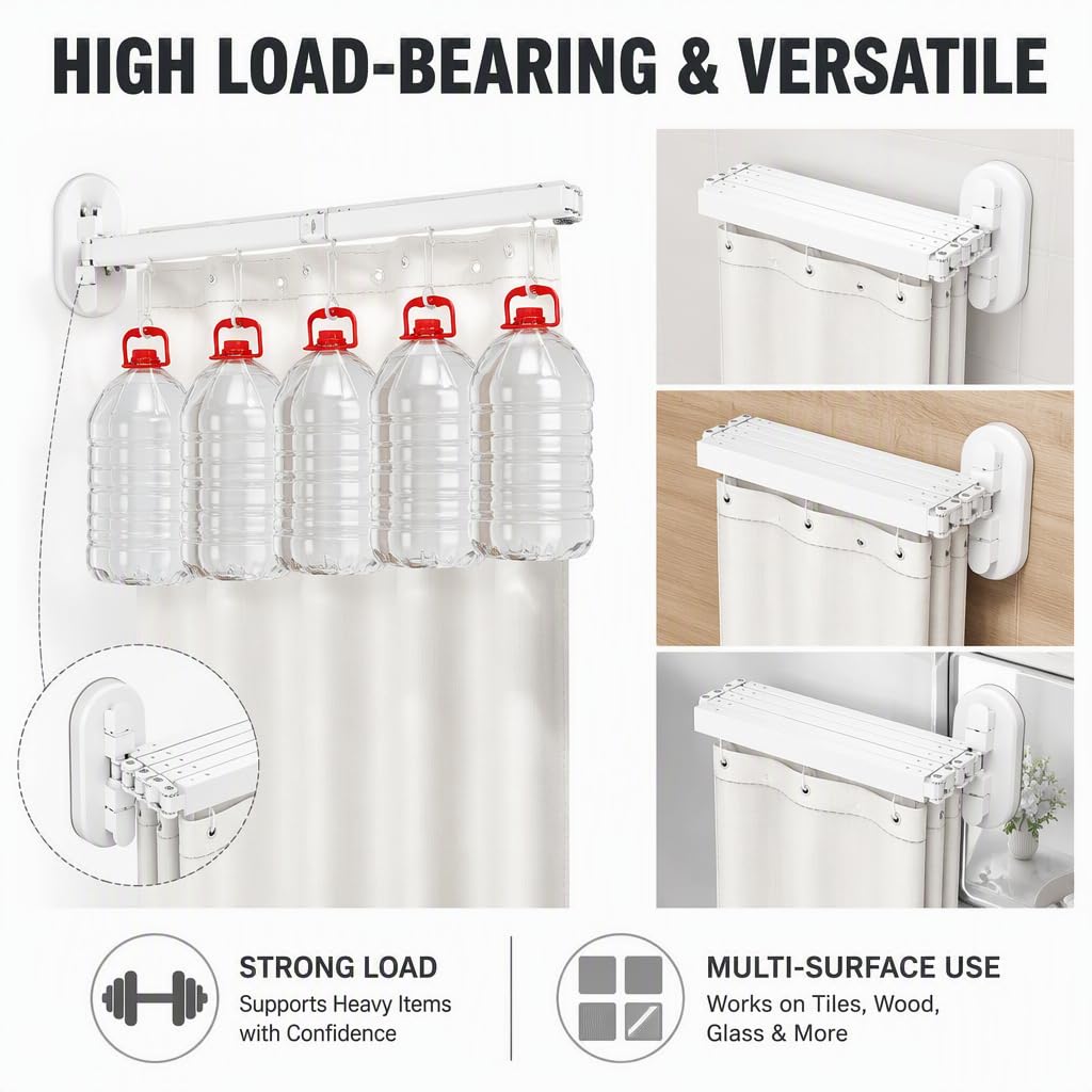 Barre de Douche rétractable avec Panneaux Pliables, Fixation par Ventouse, Angle réglable, étanche, Gain de Place pour Salle de Bain Dangle, Placard, 2 Volets (5-Folds)