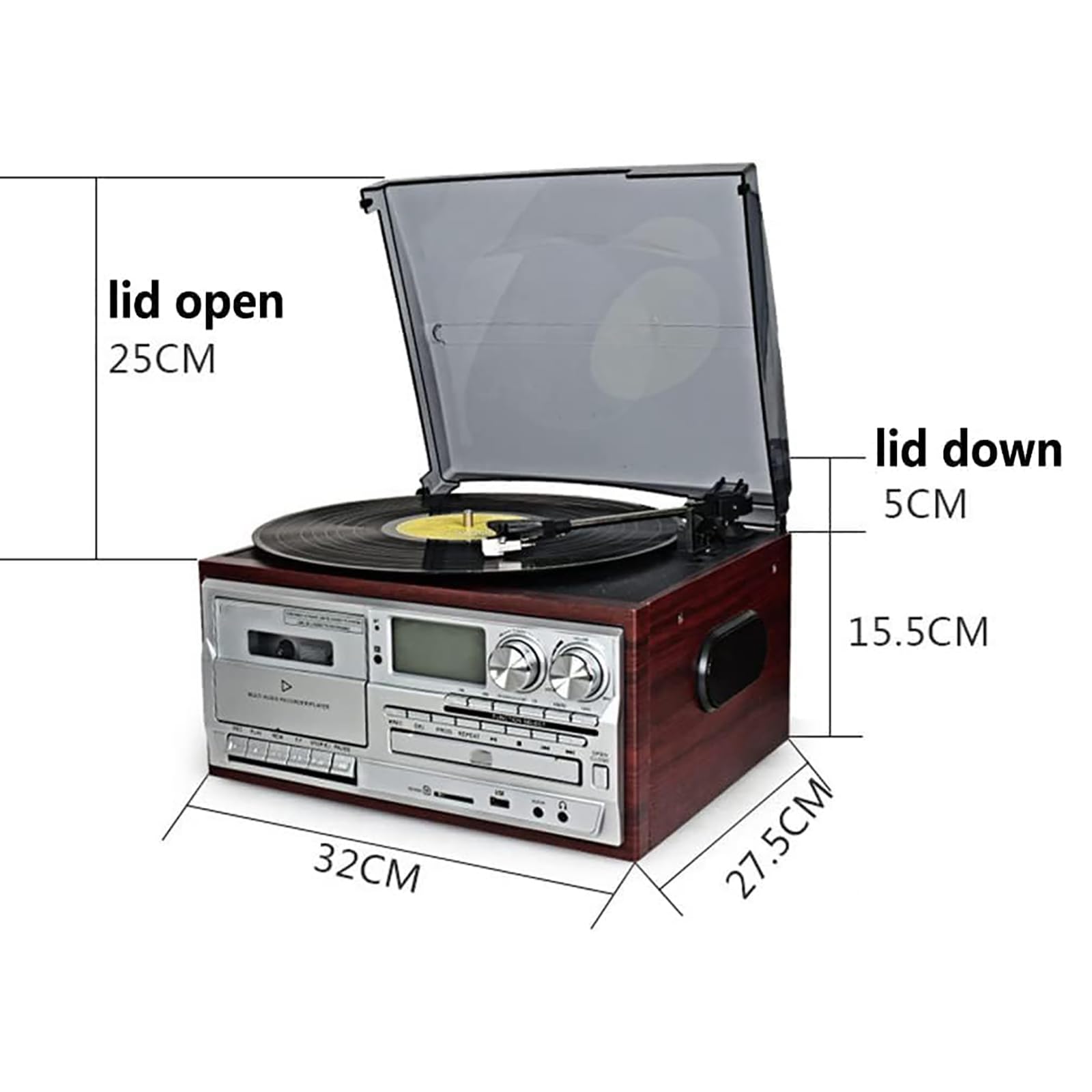 Giradischi Bluetooth retrò, giradischi vintage a 3 velocità con altoparlanti integrati, lettore CD, radio AM/FM/SD/USB, per dischi o album in vinile (7", 10" e 12")