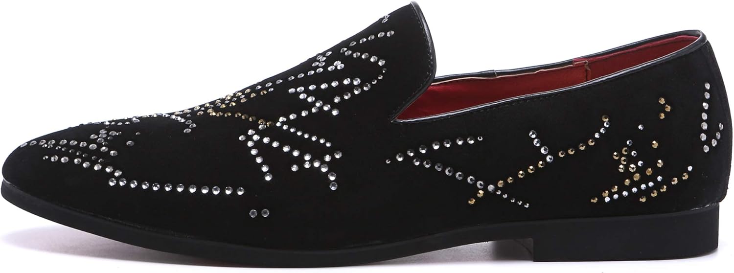Santimon Mens Slip On Dress Shoes Smoking Slipper Handmade Rhinestones Crystal Suede Moccasins Casual Loafers Black-2 8 US