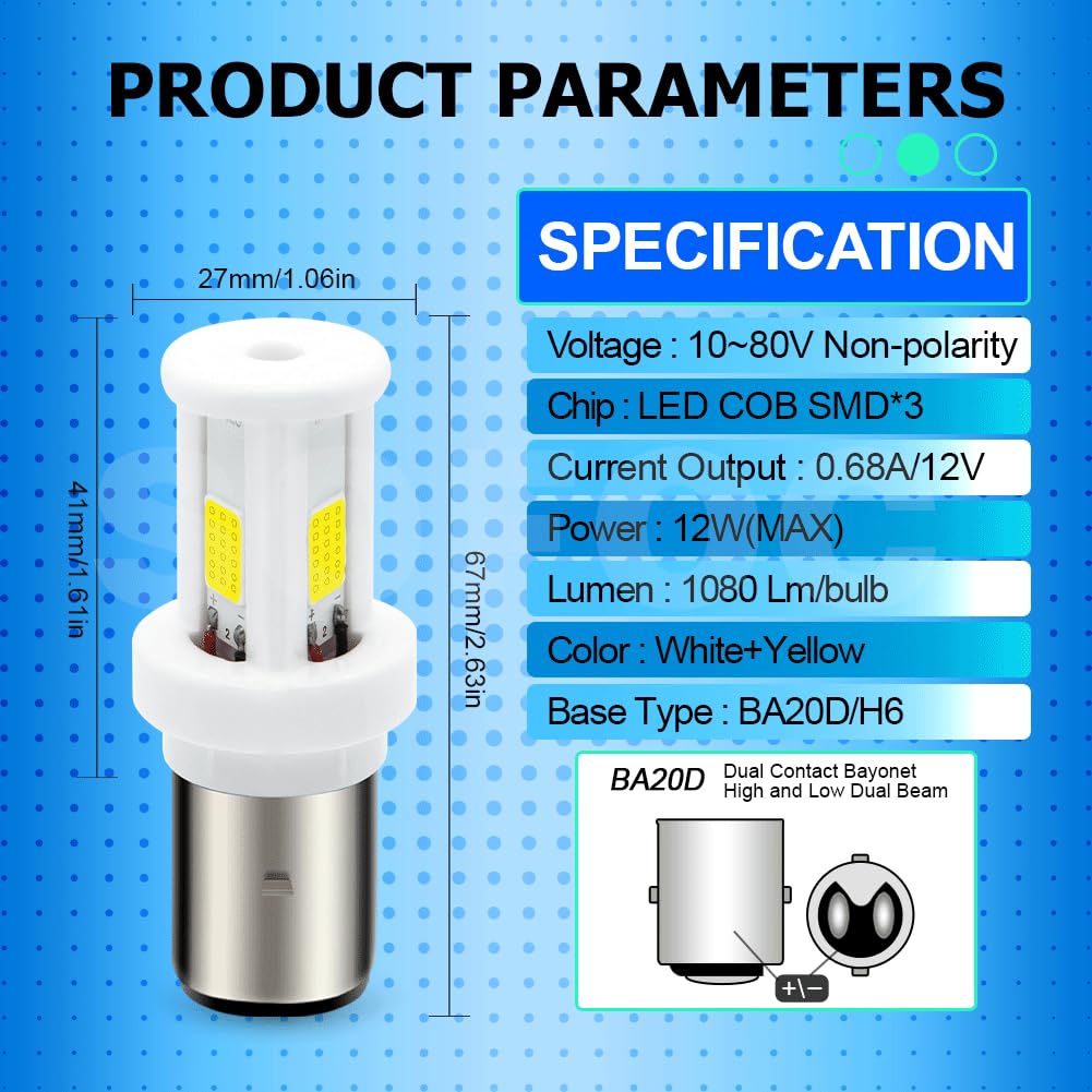 SOFOC BA20D Ampoule 12V 24V S2 H6 LED Phare Moto/Voiture Tête Céramique Blanc, Blanc+Jaune Commutable 10-80V AC/DC 2000LM 12W 2Pcs
