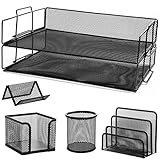 Befold 5 Piece Mesh Office Set - Desk Tray Black / Pencil Cup / Business Card Holder / Memo Holder / Letter Holder (+BONUS: Memo Organizer)