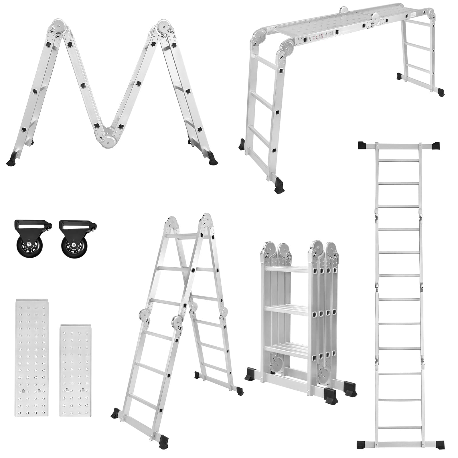 Aufun Échelle télescopique multifonction 6 en 1 en aluminium 4 x 3 marches | Avec plateforme, capacité de charge maximale de 150 kg, échelle coulissante, échelle pliante avec plaques d'échafaudage