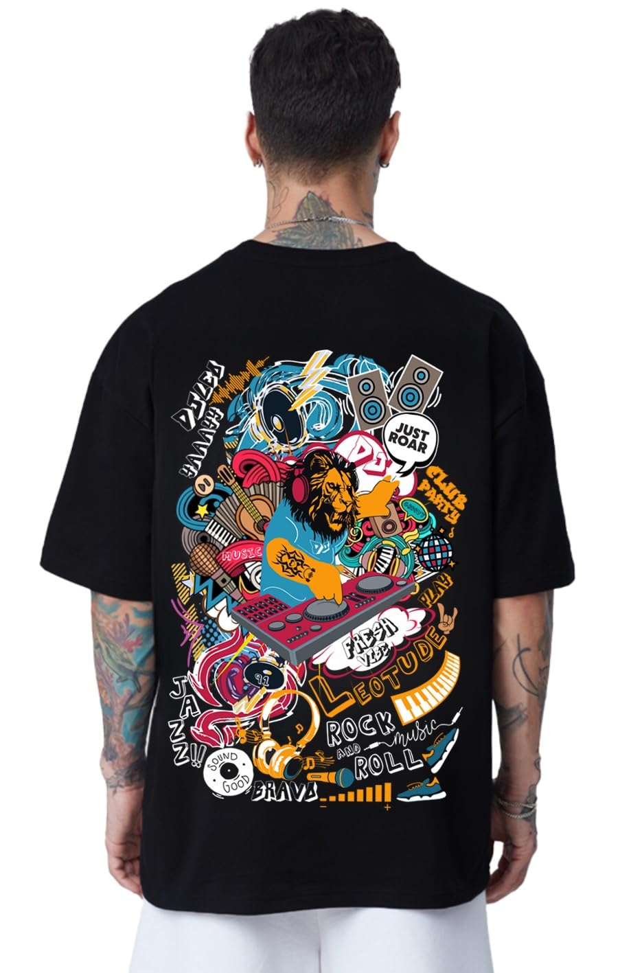 leotude Men's Cottonblend Oversized Half Sleeve Round Neck Back Printed Tshirt (Color Black)-picture-18