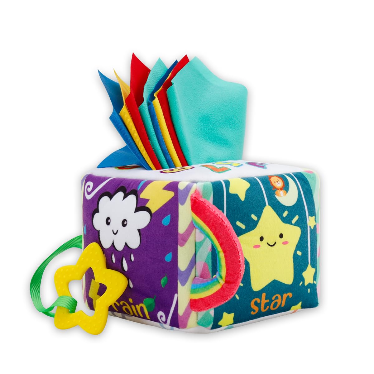 Vamotto Tissue Box Toy for Baby Montessori Sensory Pull Toy with 12 Durable Cloth Scarves & Crinkle Paper for 6-12 Months Infants