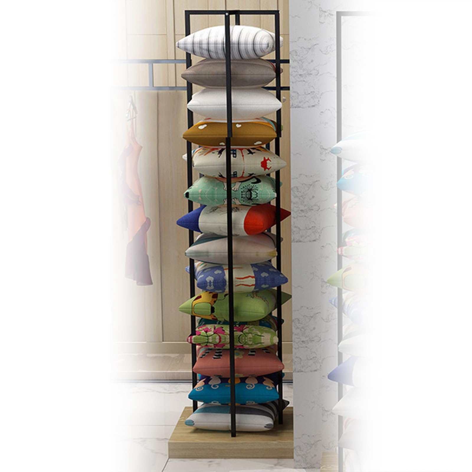 Support de rangement vertical pour coussins et oreillers en fer et bois