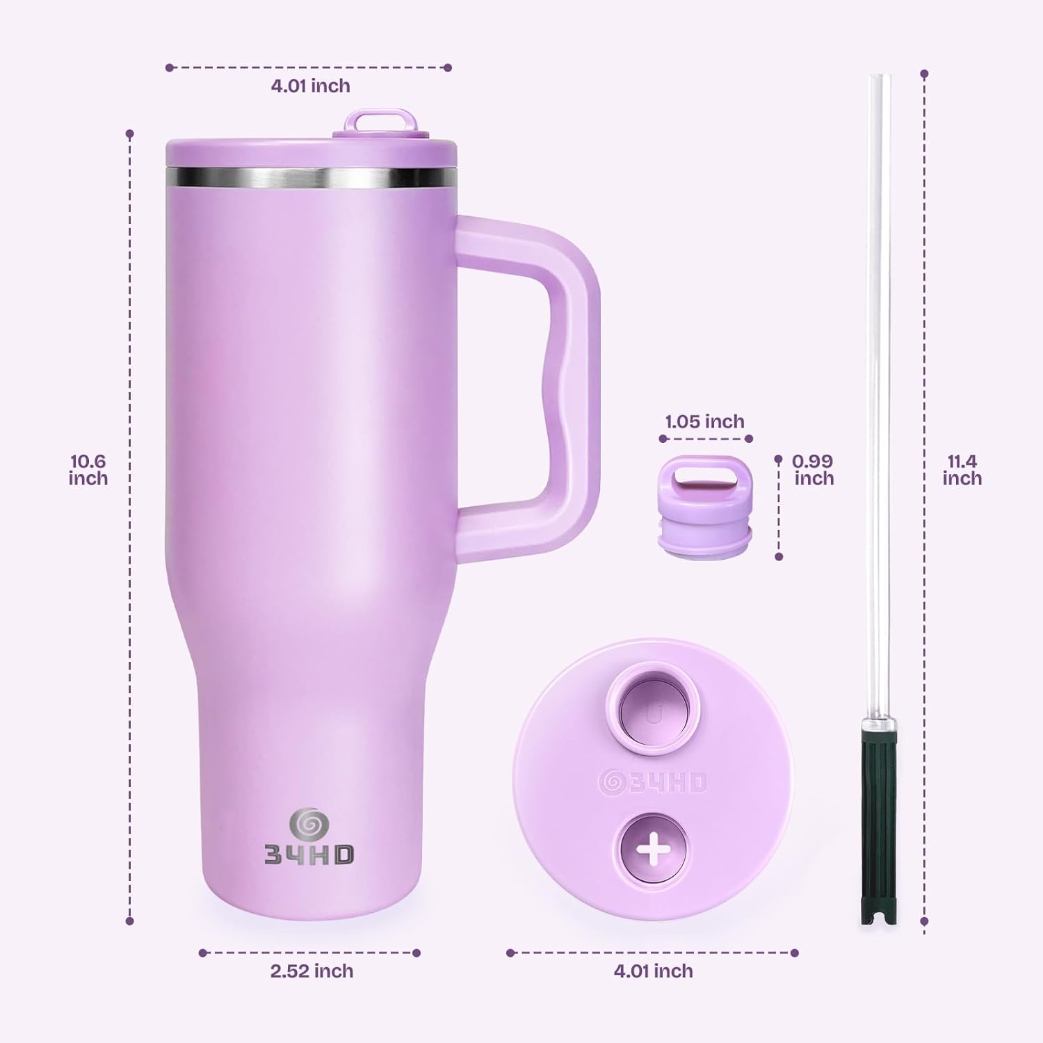 34HD 40 oz Stainless Steel Tumbler - Leakproof Insulated Water Bottle with Handle, Magnetic Lid and Flexible Straw - Iced for 48 Hours – Perfect for Men, Women, Birthday Gift, Purple - Lilac Bloom - Image 2