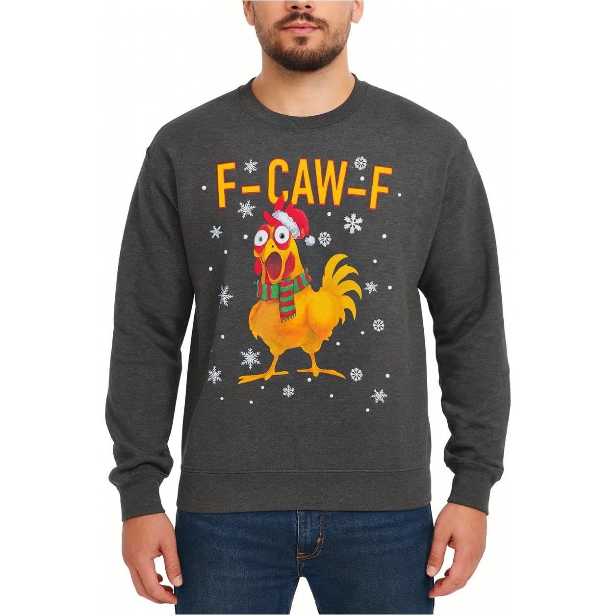 Hamishkane® F-Caw-F Funny Christmas Jumpers for Men, Raven Crow Graphics Long Sleeve Ugly Xmas Jumpers, Warm Crew Neck Chicken Santa Hat Mens Sweatshirts, Winter Merry Christmas Jumper 2025, S-XXL