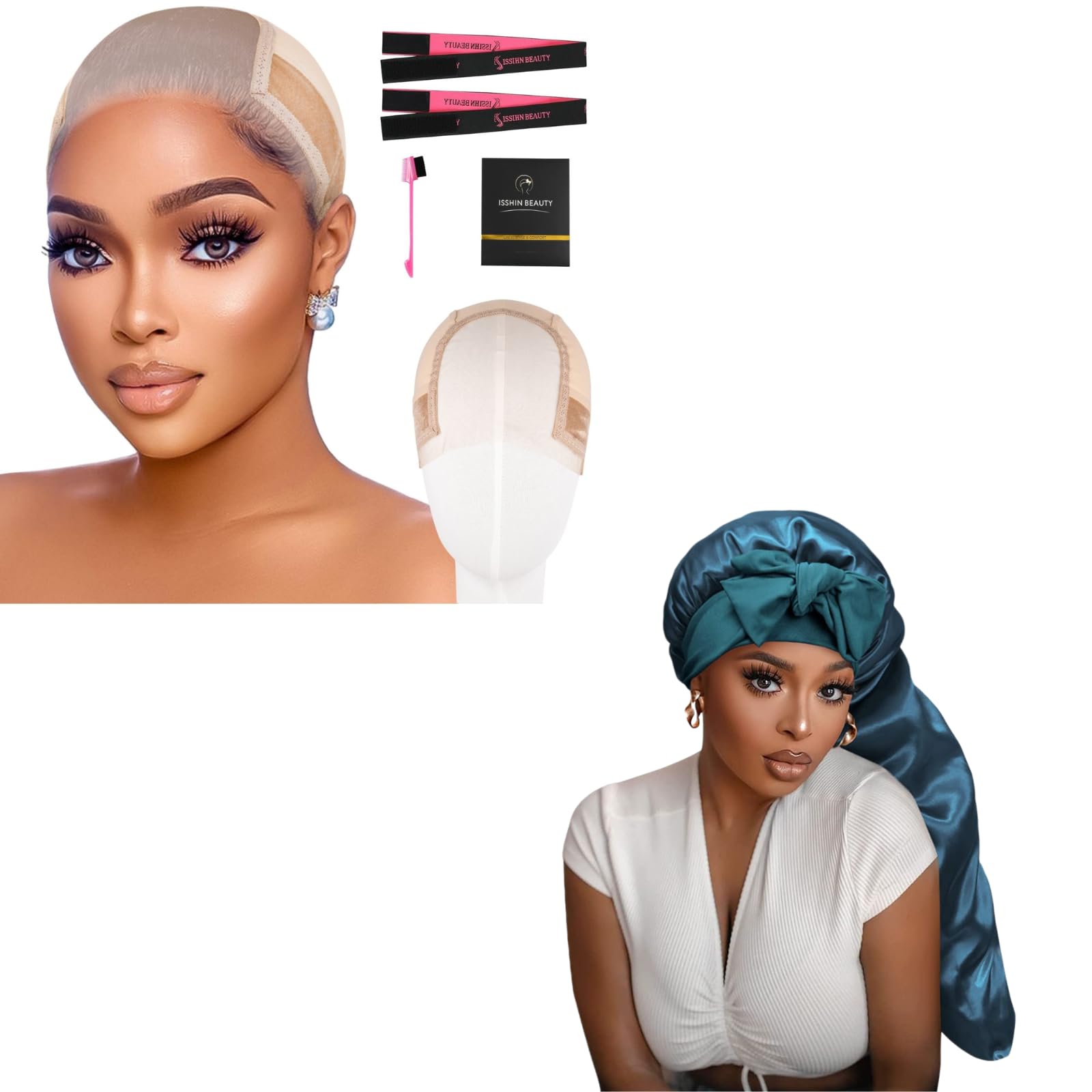 Long Teal Satin Bonnet with Light Brown Wig Grip Cap