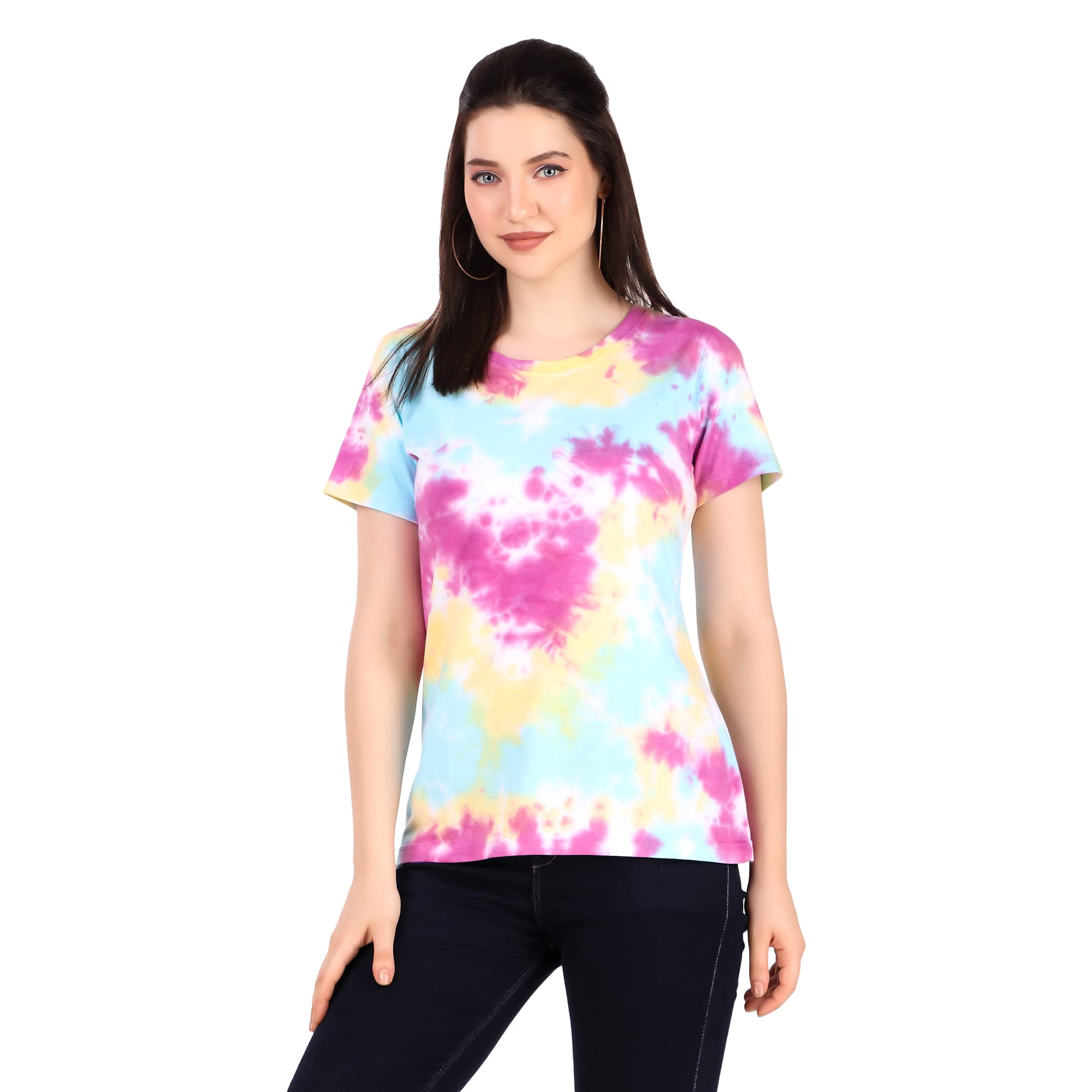 Stories.LabelWomen's Tie Dye Printed Cotton Tshirt in Ribbed Neck, Regular Fit Half Sleeves Tops for Girls Stylish (Size S - 5XL)