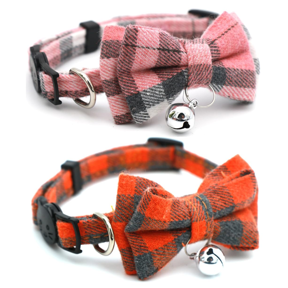 2-Pack Plaid Bowtie Cat Collar with Bell Breakaway Kitten Collar with Bells