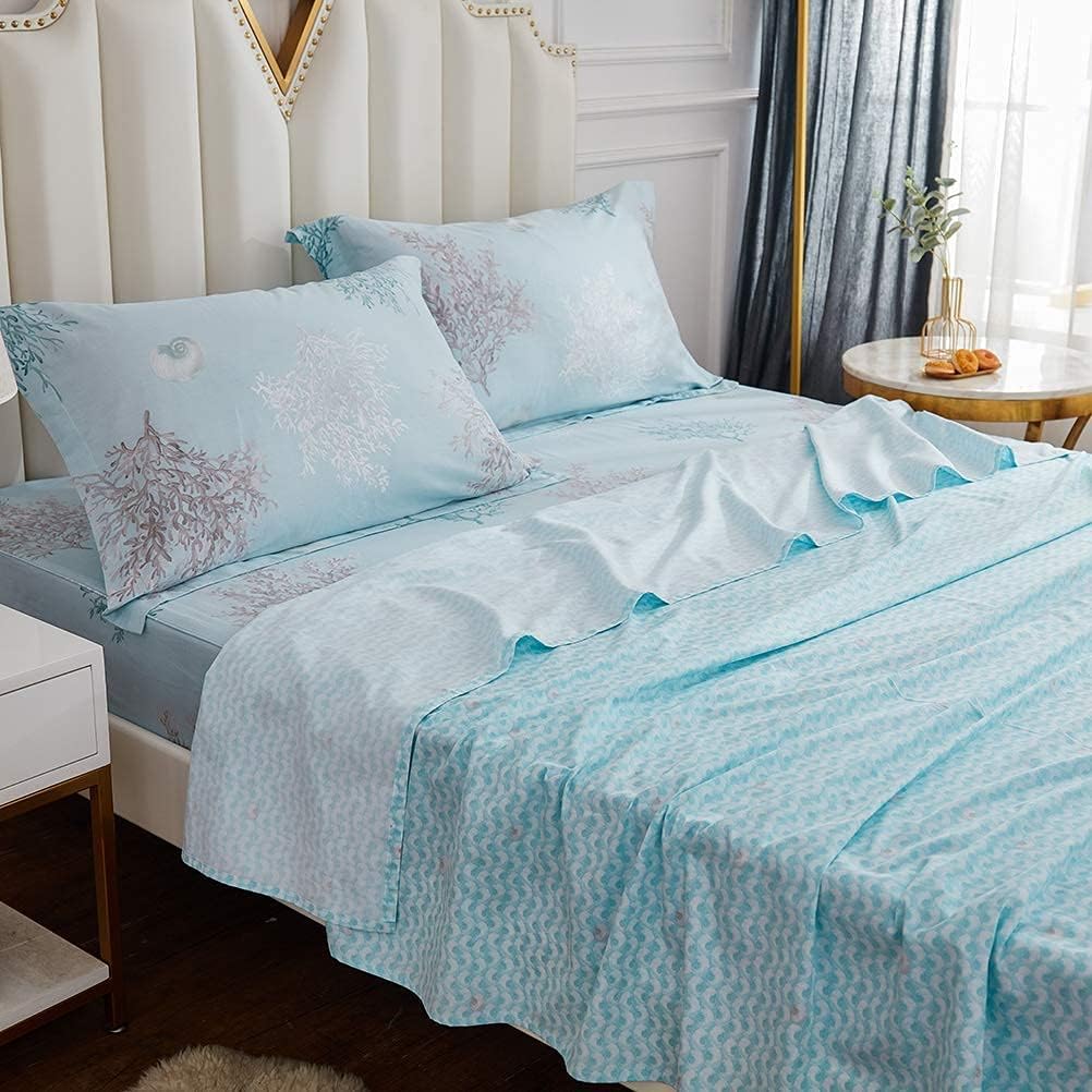 Brandream Nautical Beach Bedding Set Cotton Bed Sheets Set Queen Size 4-Piece Deep Pockets 18 Inch Coastal Sheets