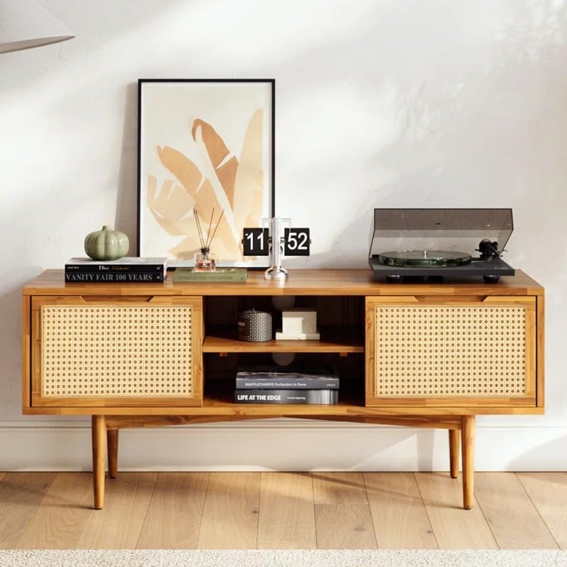 Image of MISAN Modern TV Table | Solid Sheesham Wood Sideboard TV Unit for Living Room, Bedroom, Office Furniture Stand | Wooden Free Standing Entertainment Unit Side Board Table with Storage (D-Hony)