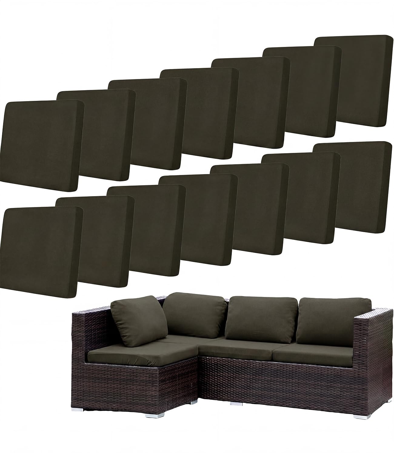 Hiseng Outdoor Cushion Covers, 14 PCS Green Patio Seat Cushion Covers, Stretch Sofa Seat Slipcovers, Couch Slipcover Replacement for Individual Cushion with Elastic Bottom