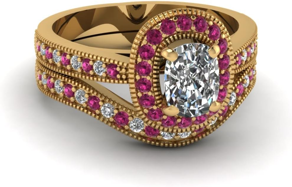 Choose Your Gemstone Vintage Cushion Diamond CZ Halo Wedding Set Yellow Gold Plated Cushion Shape Wedding Ring Sets Minimal Modern Design Birthday Gift Wedding Gift US Size 4 to 12