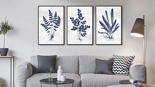 Miniatura 5 de Arte de pared botánico enmarcado grande – Decoración de pared de hoja azul marino de 16 x 24 pulgadas, juego de 3 impresiones artísticas Azul