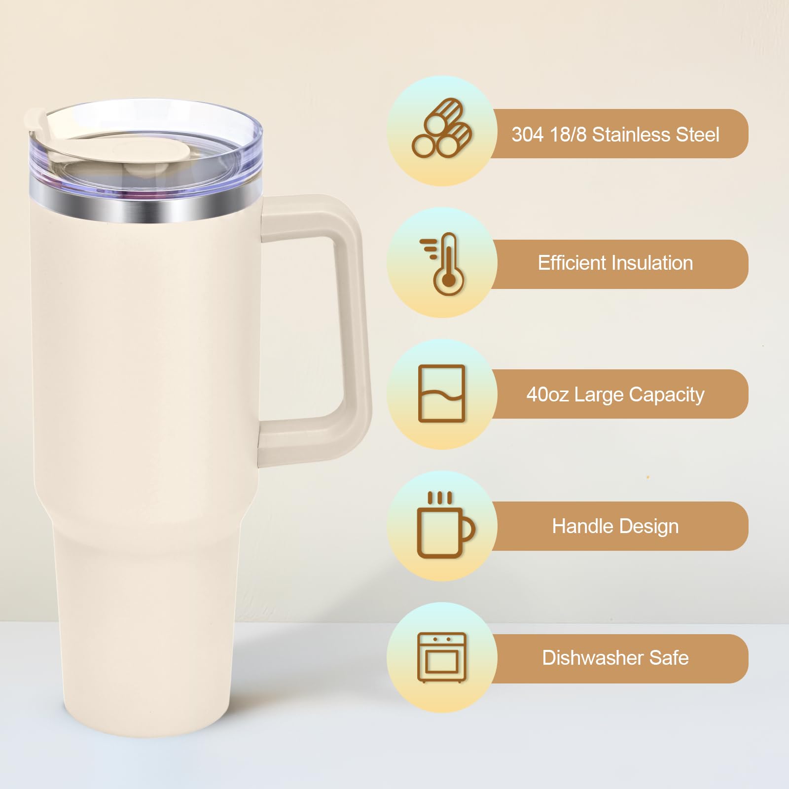 Livole 40 oz beker met handvat, 1200 ml lekvrije vacuüm reismok voor koude warme dranken, geïsoleerde koffiekop met rietje en deksel, roestvrijstalen waterfles voor reizen, kamperen, sport, lichtroze