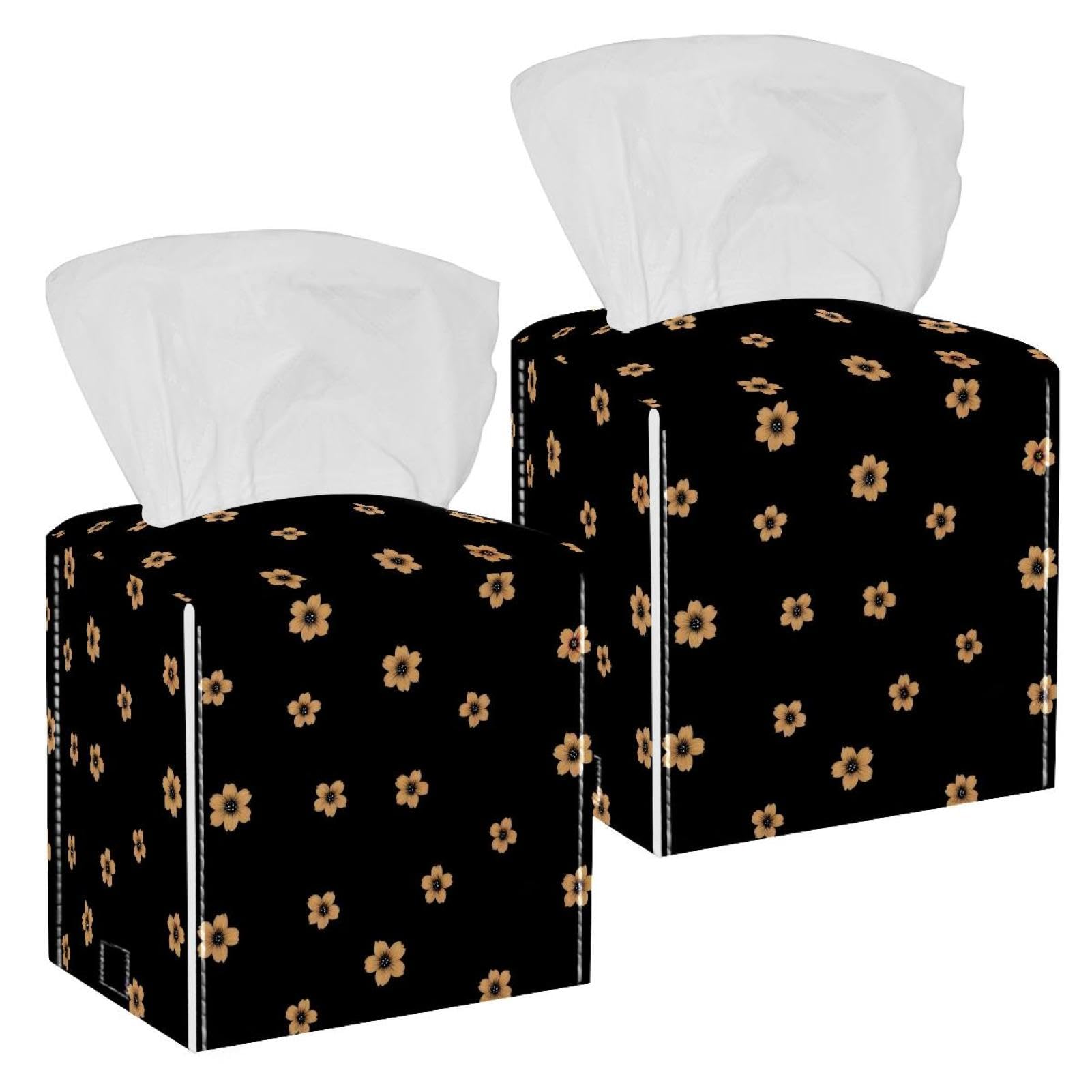 Flower Tissue Box Cover, 2 Pack PU Leather Square Facial Tissue Dispenser Box holder for Home Office Car