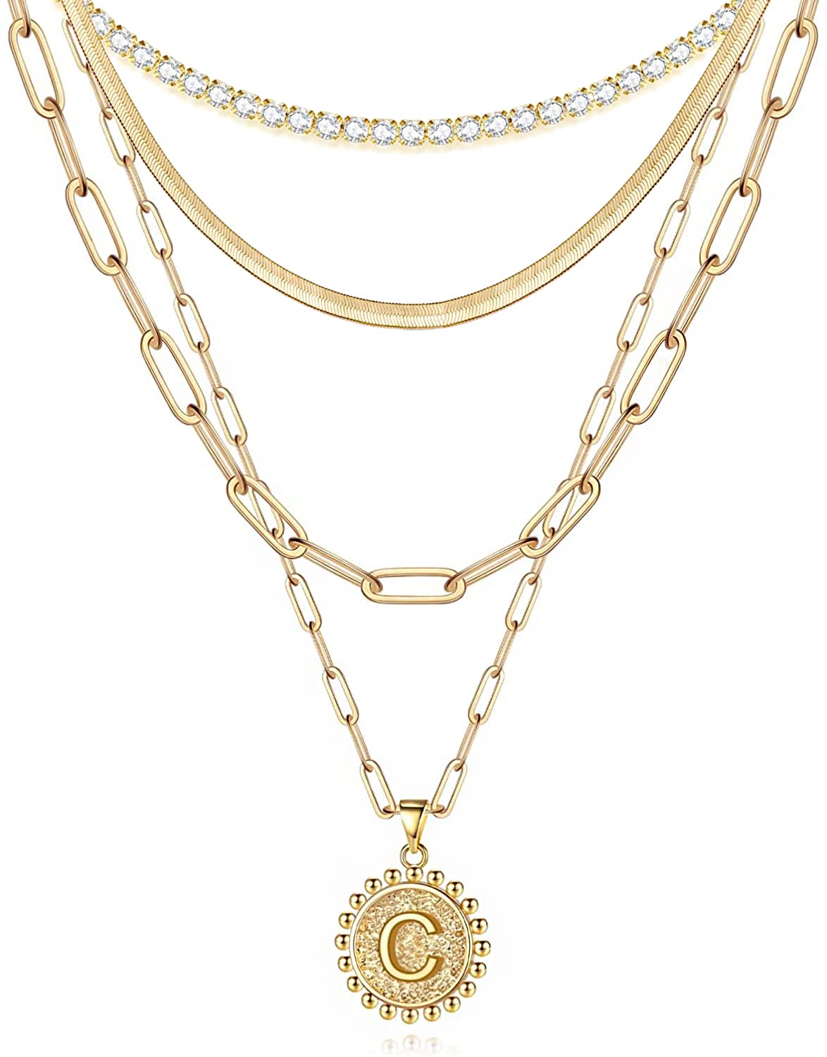 Multi Layered Paperclip Chain Necklace with Initial Letters, Herringbone, Tennis Necklace,14K Gold Plated Choker Letter Pendant 4 Pcs Necklace Set for Women, Gold Plated, Cubic Zirconia