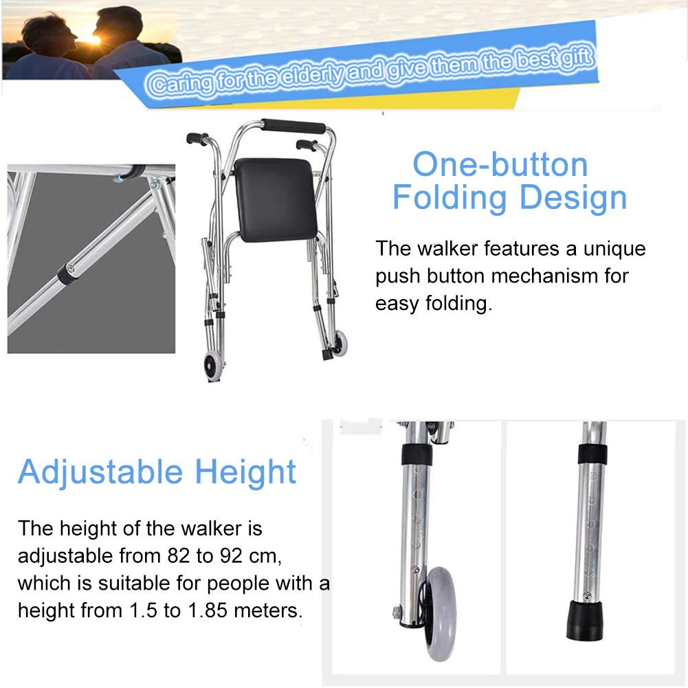 Andador plegable para ancianos con asiento y 2 ruedas, andador vertical ligero, altura ajustable para interiores y exteriores