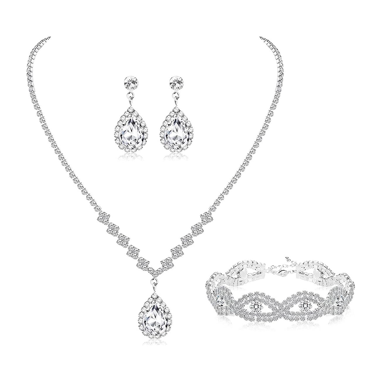 TOEECY Juego de Boda Novia Joyas Mujer y Niñas Conjunto de Joyas de Cristal Plata Colgante Collar Lágrima Pendientes Pulseras para Boda Nupcial Dama de Honor