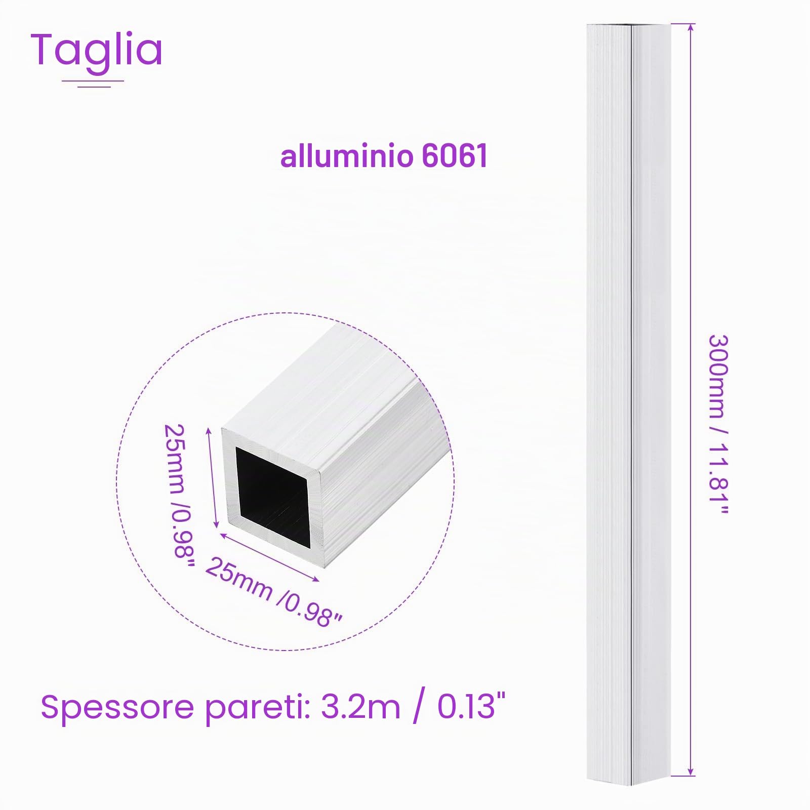 DMiotech 4pz (25mm x 25mm x 3.2mm) Tubo Quadrato in Alluminio 6061 Lunghezza 300mm Tubazione Metallico per Costruzione di Telaio di Macchinari Progetti Fai Da Te