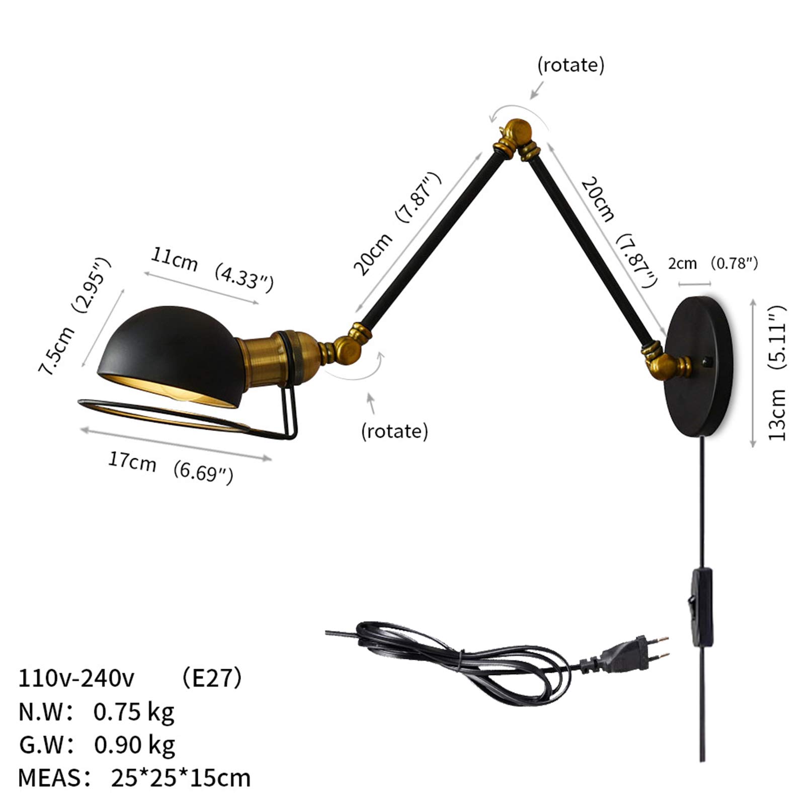 WXKAGF Lámpara de Pared de Brazo Largo Retro con Interruptor y Enchufe, Luces de Pared industriales Ajustables para Interior Negro con Efecto latón, Apliques de Pared de Lectura Estilo Loft Vintage