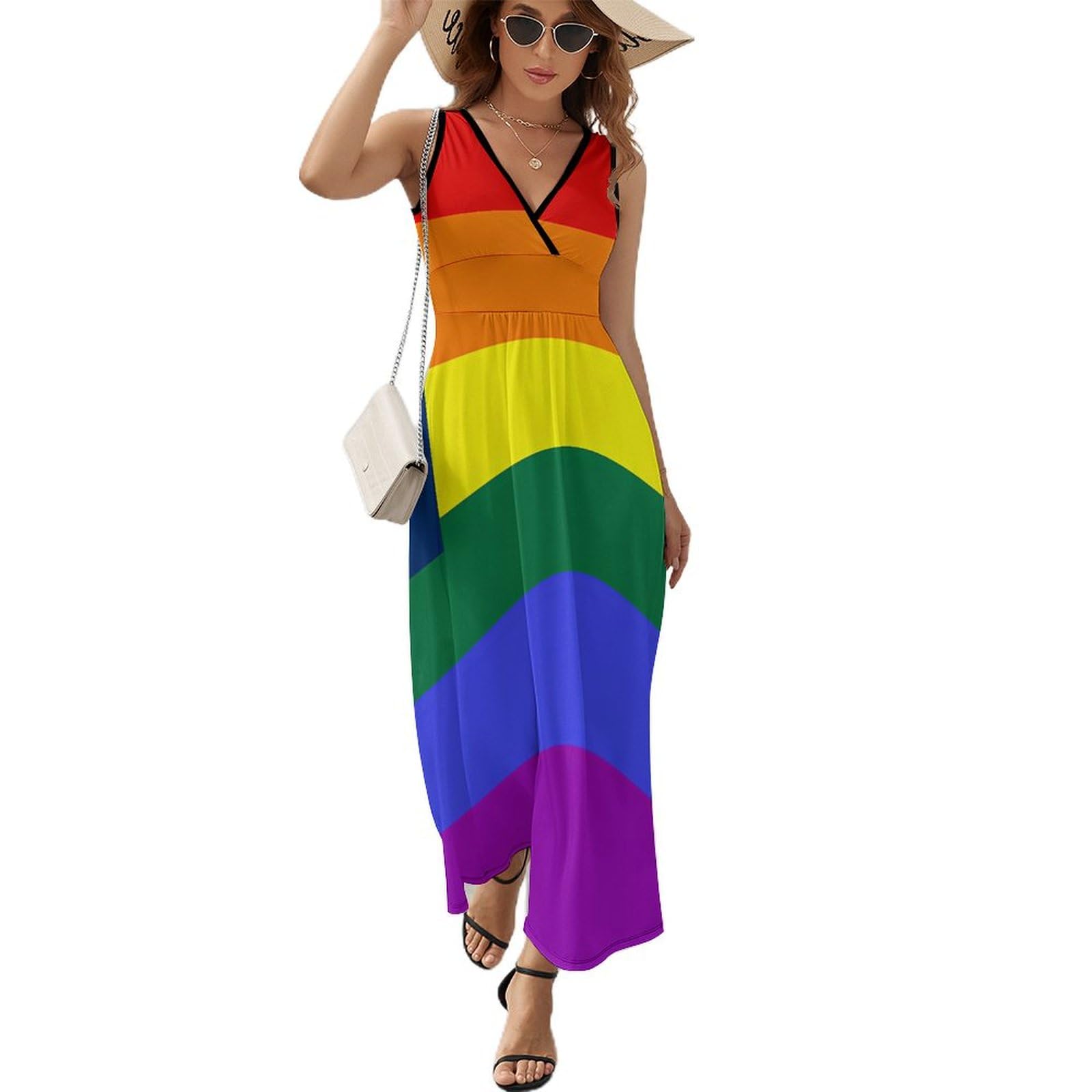 LGBT Rainbow U.S. Flag Sleeveless Maxi Dress for Women V Neck Casual Long Dresses Summer Beach 2XL